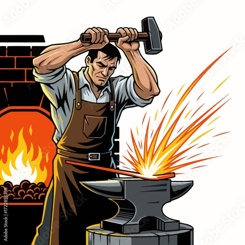 Powerful blacksmith shaping hot metal with hammer and anvil in fiery forge, crafting artistry and strength with every strike, evoking tradition and skill