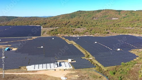 Aerial view to a solar panels in solar park near to Malko Tarnovo, Burgas, Bulgaria