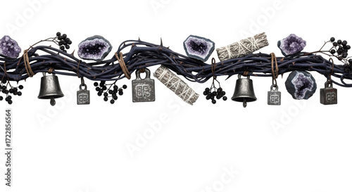 Somber, deep indigo garland of gnarled vines, dark amethyst, leaden bells, dried herbs, and elderberries, as a horizontal border on a transparent background with copy space, concept of ancient