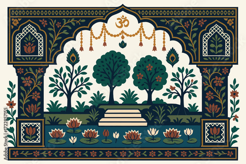 Pichwai Arch Garden Vector Illustration with Ornamental Lotus Motifs and Palace Design