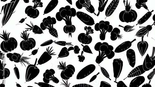 Black and White Pattern of Assorted Vegetable Silhouettes