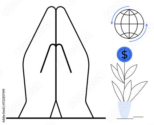 Two hands in prayer gesture, globe with cyclical arrows, dollar sign atop a growing plant. Ideal for themes thumbs up spirituality, sustainability, growth, prosperity, global unity, economy
