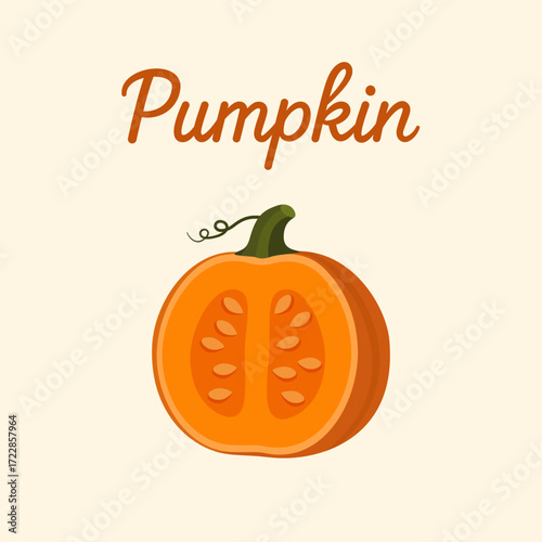 Cut half pumpkin illustration with seeds inside