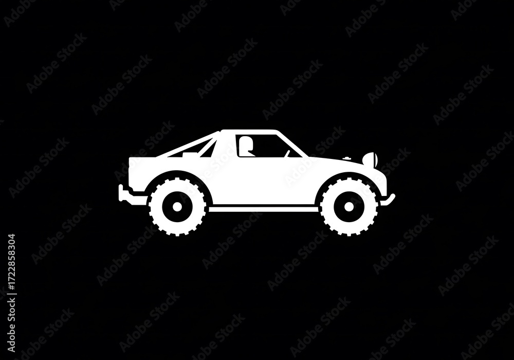 Fototapeta premium Dynamic white silhouette illustration of an off-road buggy, designed for extreme terrain and adventure sports, set against a stark black background, symbolizing speed and freedom