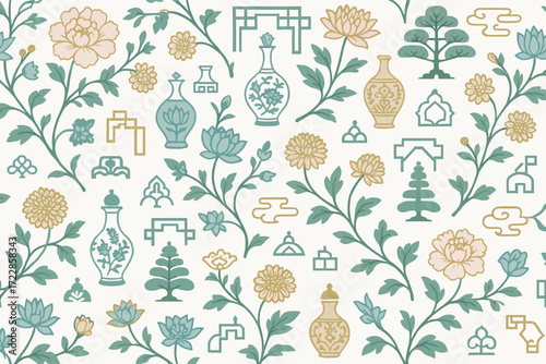 Seamless Vintage Chinoiserie Vector Pattern with Floral and Ornamental Motifs