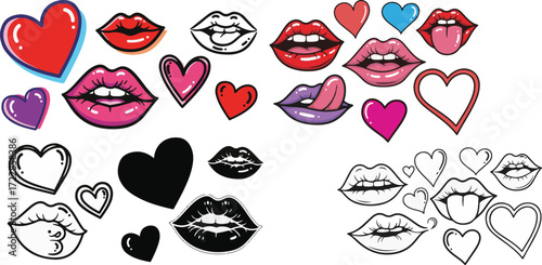 Pop Art Style Lips and Hearts Vector Illustrations Set