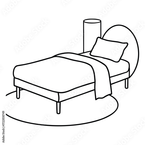 Black and white line drawing of a bed with pillow and blanket