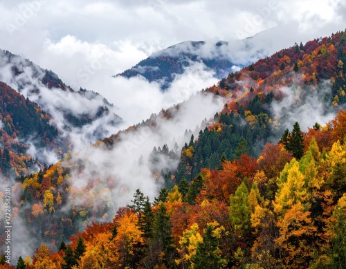 Mountain range draped in mist, vibrant autumn foliage colors the slopes under a cloudy, overcast sky. Beautiful and serene