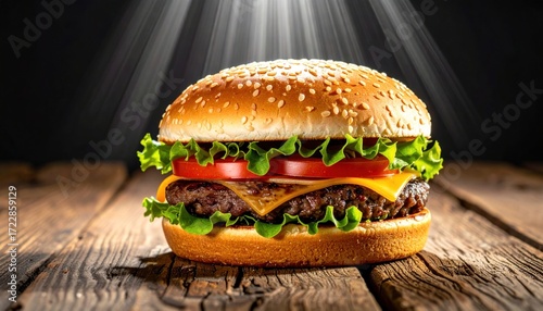 Juicy burger with fresh toppings stacked on a sesame bun, resting on weathered wood under spotlight-like beams against a dark backdrop