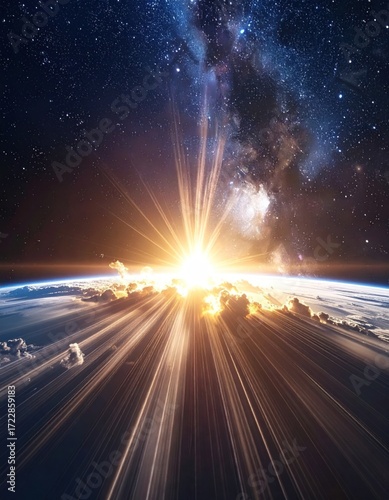 Majestic Earth and galaxy view. Radiant beams burst upward.  Clouds halo the planet's edge.  Milky way spans sky, studded with stars