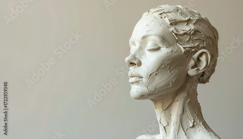Unfinished clay sculpture of human figure,, solid background for clarity and emphasis. Close-up.