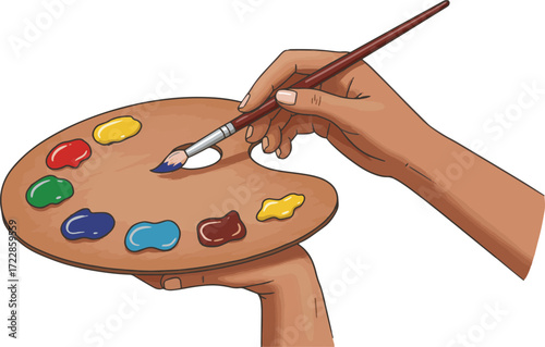 Artist's Hand Holding a Paint Palette with Vibrant Colors and a Brush Ready to Create Art