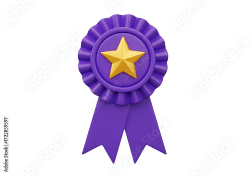 Illustration of a purple rosette award ribbon with a gold star in the center, isolated on a transparent background on transparent background
