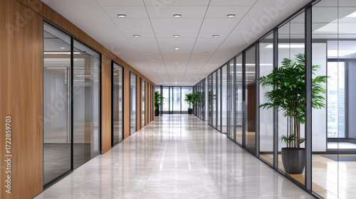 Modern office corridor with glass walls, wooden accents, and potted plants creating professional atmosphere