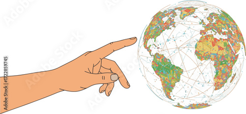 Human hand extending to interact with a vibrant, networked globe, symbolizing global reach, digital connectivity, and the interconnectedness of our modern world