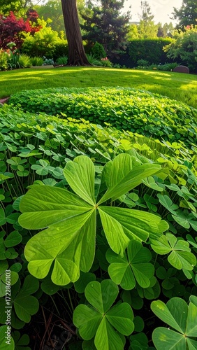 Serene garden scene with lush green groundcover, a manicured lawn, and mature trees bathed in soft light under a sunny sky