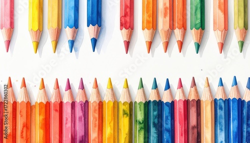 Watercolor illustration of two rows of vibrant colored pencils arranged horizontally against a plain white background
