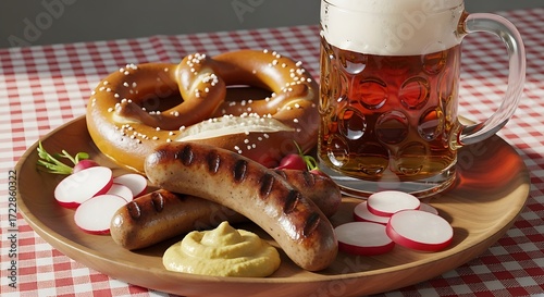 Grilled bratwurst with soft pretzel and mustard beside frothy beer on gingham table.