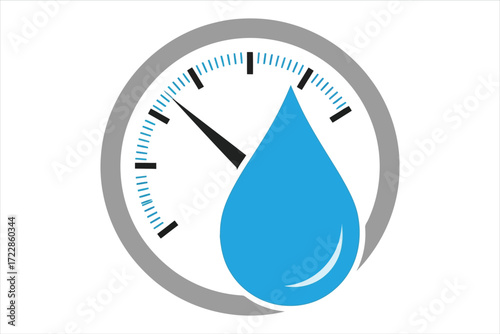 Illustration of a water pressure gauge, a device used to measure the force exerted by a liquid, the gauge is depicted with a water drop symbol