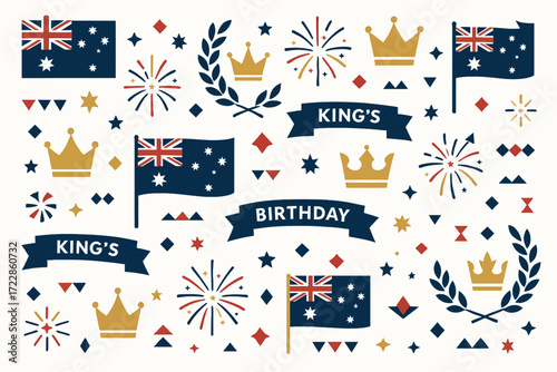 King’s Birthday Australia Vector Wallpaper with Flags, Crowns, and Celebration Icons"