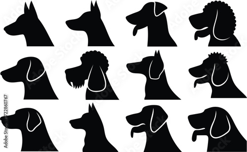 Diverse Dog Breed Silhouettes in Bold Black and White Graphic Art