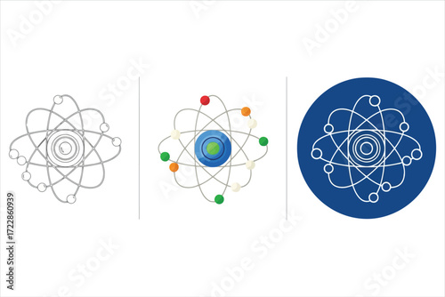 Vector art of an atom model representing science, technology, and innovation, it symbolizes knowledge, research, and the pursuit of understanding the universe