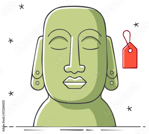 Stylized illustration of a moai statue with a red price tag and decorative stars.