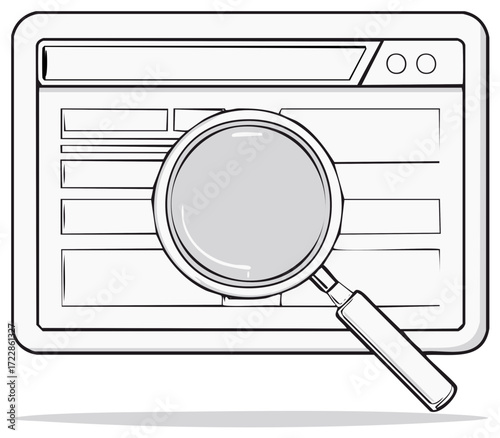 Magnifying glass over web browser window, depicting online search, data analysis, and information finding line art