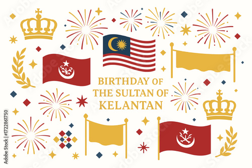 Birthday of the Sultan of Kelantan Malaysia Vector Wallpaper with Crowns, Flags, and Festive Symbols