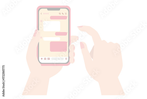 かわいい色のメッセージアプリを表示したスマホを操作する手