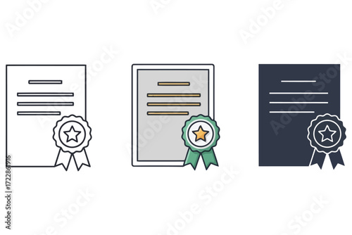 Vector art of three certificate icons are displayed against an, each with a seal and ribbon, representing achievement, recognition, and validation