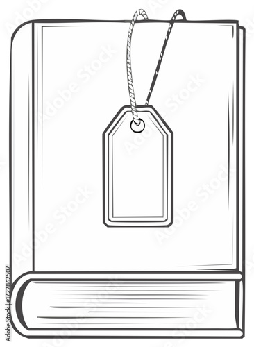 Hardcover book with a blank tag bookmark vector line art illustration