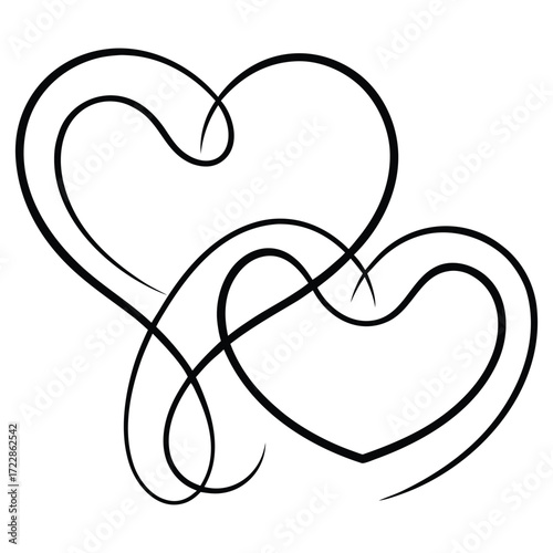 Two intertwined black hearts on white background love