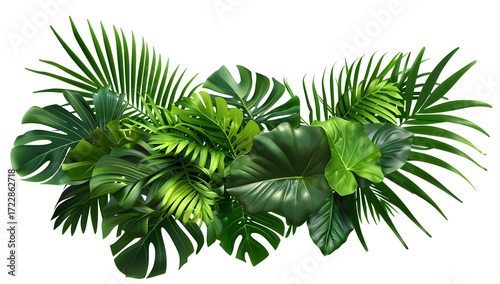 Realistic Composition of Tropical Palm Leaves and Green Leaf Pile Image with Isolated Background. Generative ai