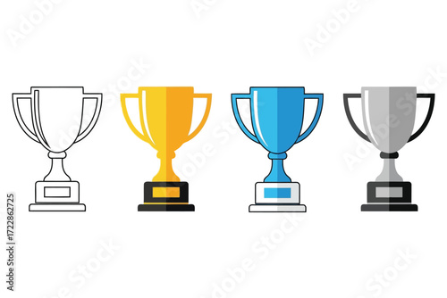 Illustration of four trophies in different colors, including gold, silver, blue, and black and white, symbol of victory and success in competition