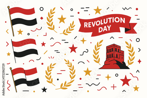 Day Off for Revolution Day Yemen Vector Wallpaper with Flags, Historical Symbols, and Celebration Icons