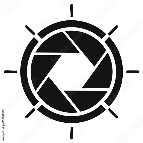 Camera Aperture Shutter Icon with Spokes, Photography Lens Symbol, Vector Illustration
