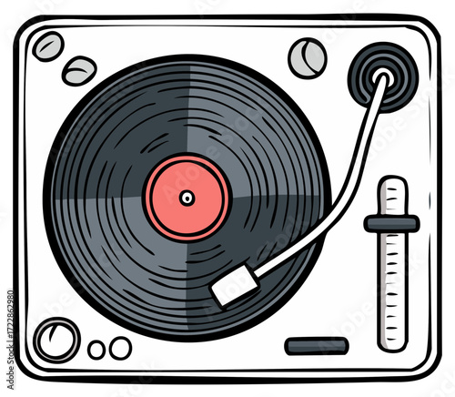 Retro DJ turntable with vinyl record playing music comic style vector illustration