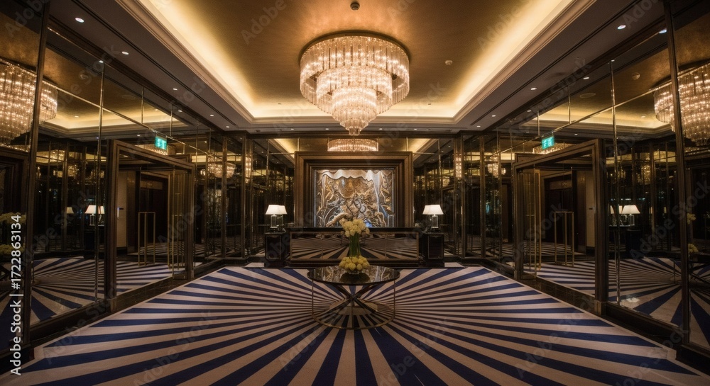 Fototapeta premium Luxurious hotel lobby with a grand crystal chandelier, mirrored walls, and a striking patterned carpet.