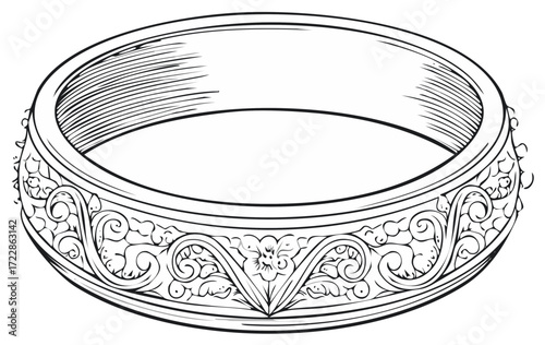 Vintage ornate ring with floral filigree pattern hand drawn line art illustration