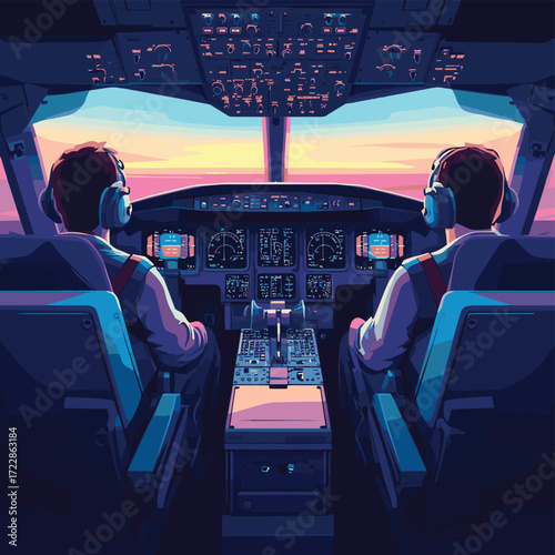 This illustration depicts a general view of the cockpit of a commercial flight simulator, where two pilots are seated and preparing to start their flight during a training session
