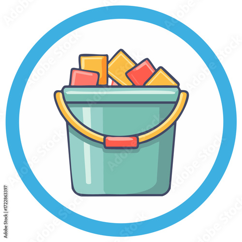 Cartoon icon of a toy bucket filled with colorful building blocks for kids play and learning