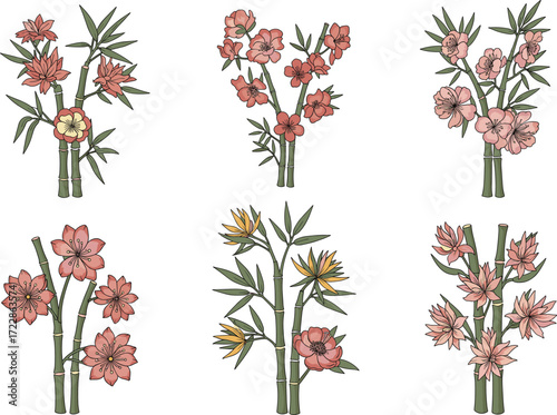 Elegant bamboo flower bouquet collection, traditional Asian floral art, botanical illustration, nature-inspired design, blooming blossoms, exotic plants, floral decor