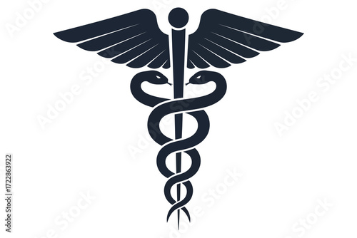 Vector art of a striking caduceus symbol, , embodies medicine and healthcare with its entwined snakes and winged staff, representing healing and wellbeing