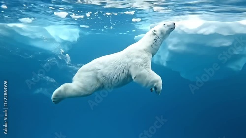 Majestic polar bear gracefully swims through clear blue arctic waters near ice floes.
