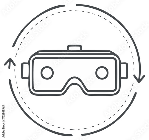 Virtual reality headset with circular arrows indicating rotation or immersion
