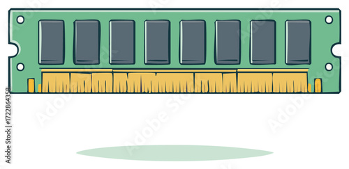 Stylized illustration of a computer memory module with green circuit board and gold contacts