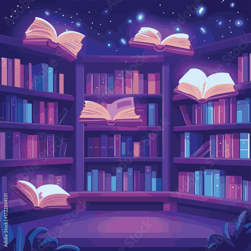 Books festival cartoon landing page, glowing bestsellers flying over bookshelf