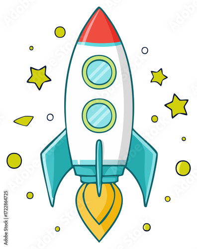 Cute cartoon rocket ship launching into space with stars and planets vector illustration