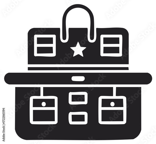 Black and white glyph icon of a tackle box or utility storage case with multiple compartments and a star symbol